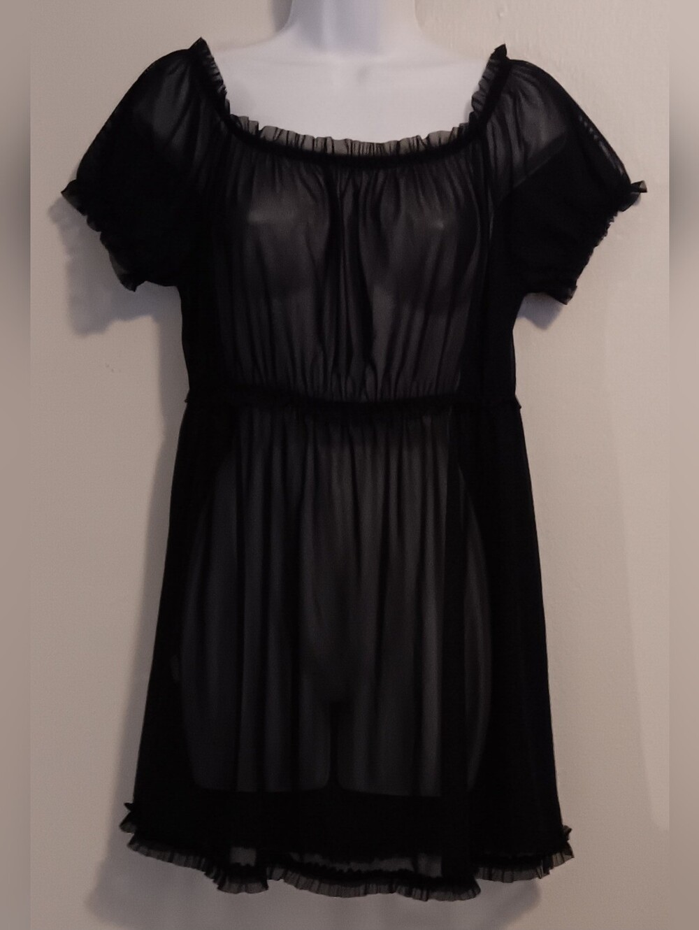 Women's Sheer Black Short Sleeve Elastic Neckline Babydoll Nighty Ruffles Sz 1XL